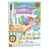 Wipe-clean money learning workbook with wipe-off marker and coin activity pages