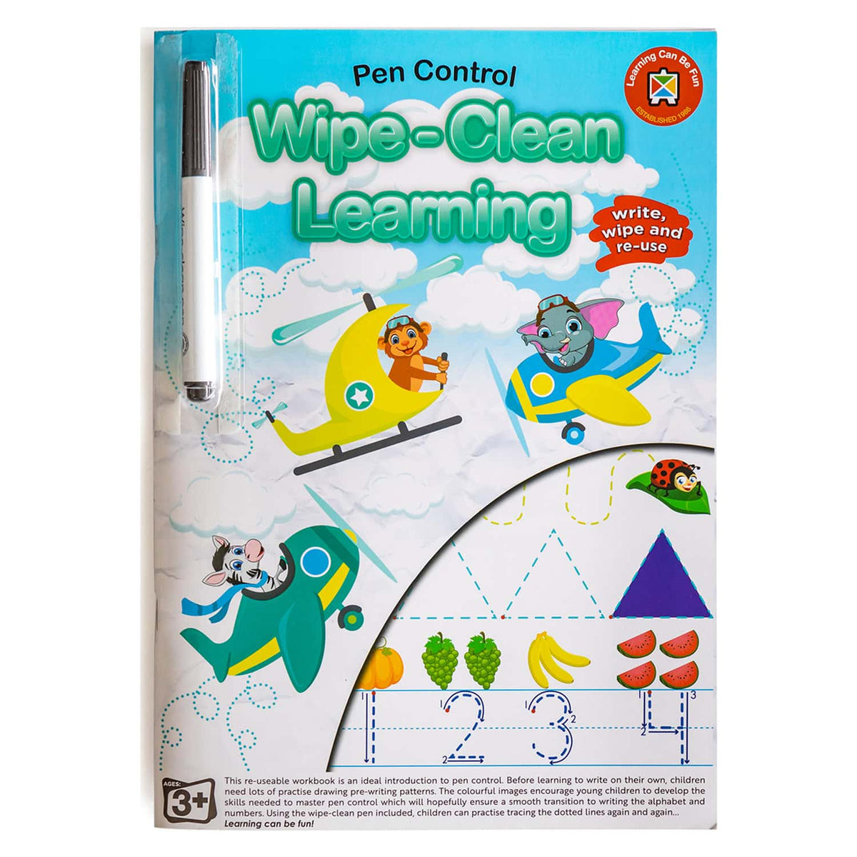 Wipe-Clean learning pen control workbook with wipe-clean marker, front packaging