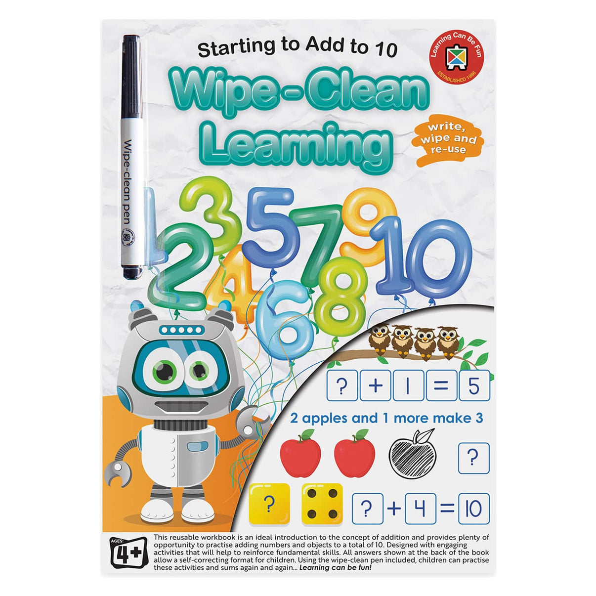 Wipe-clean learning board with numbers 1–10, marker, and robot-style design