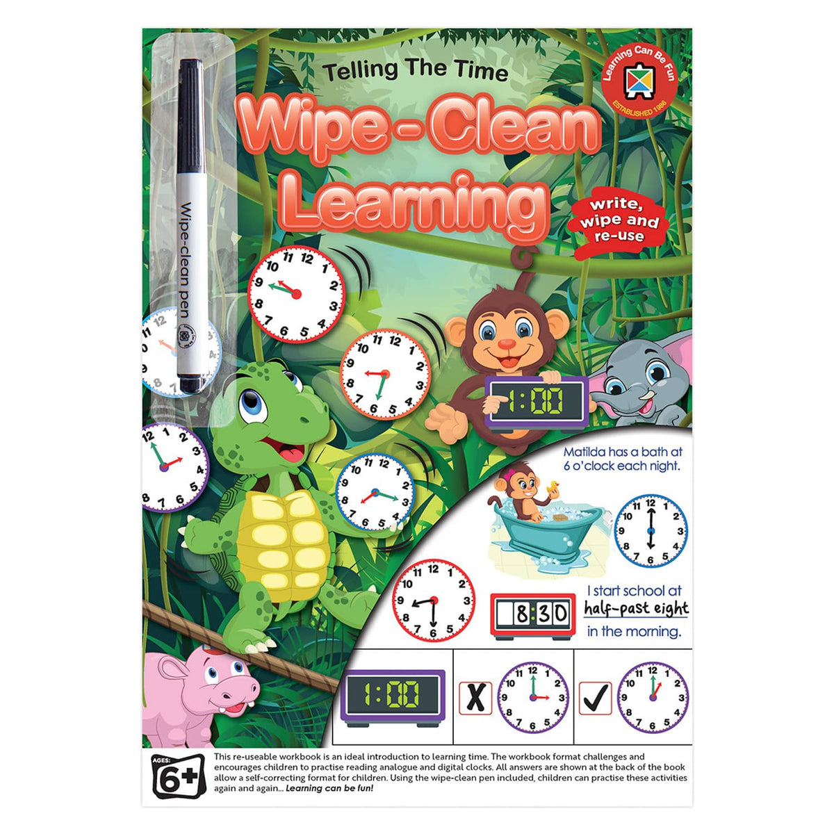 Wipe-clean learning activity book cover with clocks, animals, and erasable marker