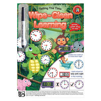 Wipe-clean learning activity book cover with clocks, animals, and erasable marker