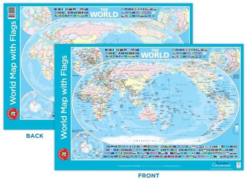 World map with flags poster showing front and back views with blue world map design