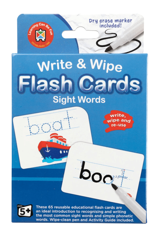Write & wipe sight word flash card set with dry erase marker and example cards