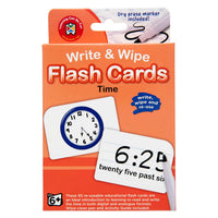 Write & wipe time flash cards in orange box with clock face and dry erase marker