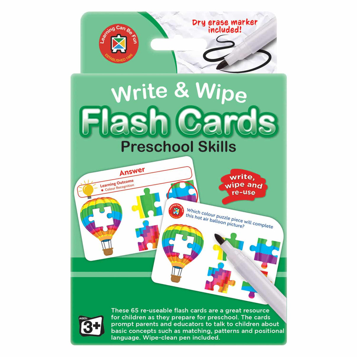 Write & wipe flash cards set for preschool skills, green box with included marker