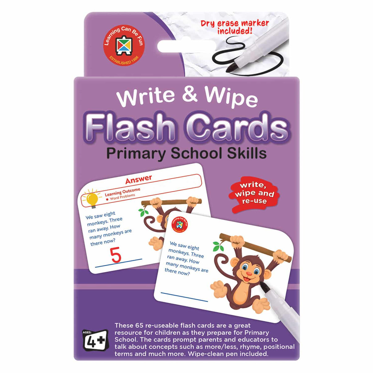 Purple Write & Wipe flash cards set for primary school skills, includes marker