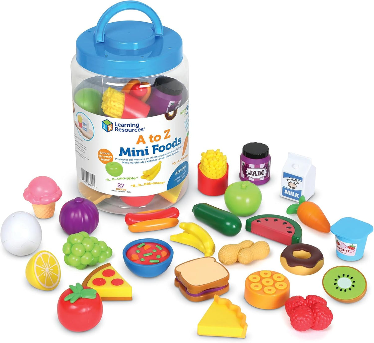 Learning Resources A to Z Mini Foods storage jar with assorted mini food pieces