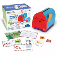 Alphabet learning mailbox toy with red front, blue body, purple base