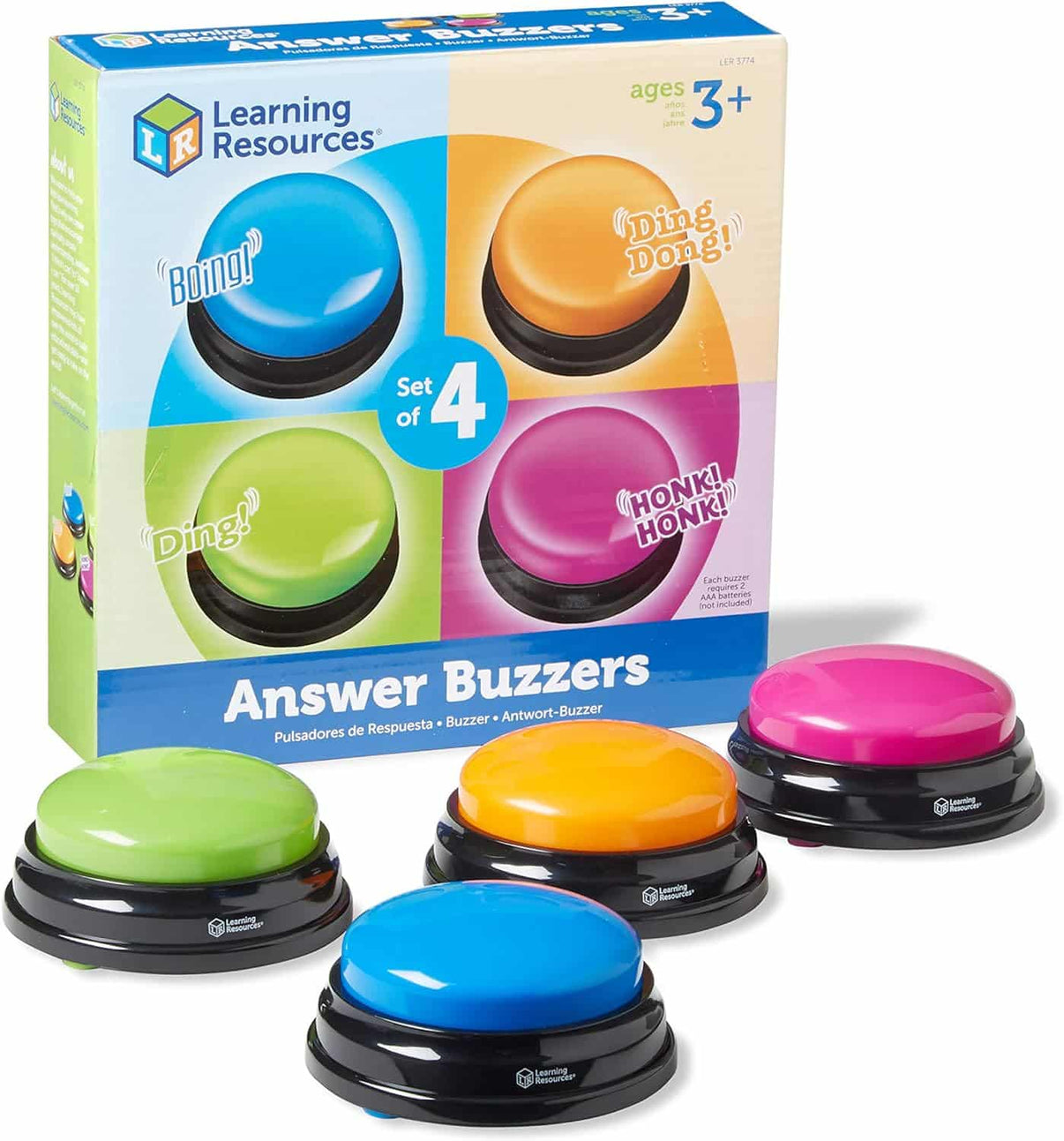 Answer buzzer set with four colored push-button domes on black bases, in retail box