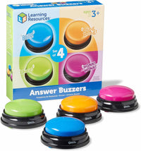 Answer buzzer set with four colored push-button domes on black bases, in retail box