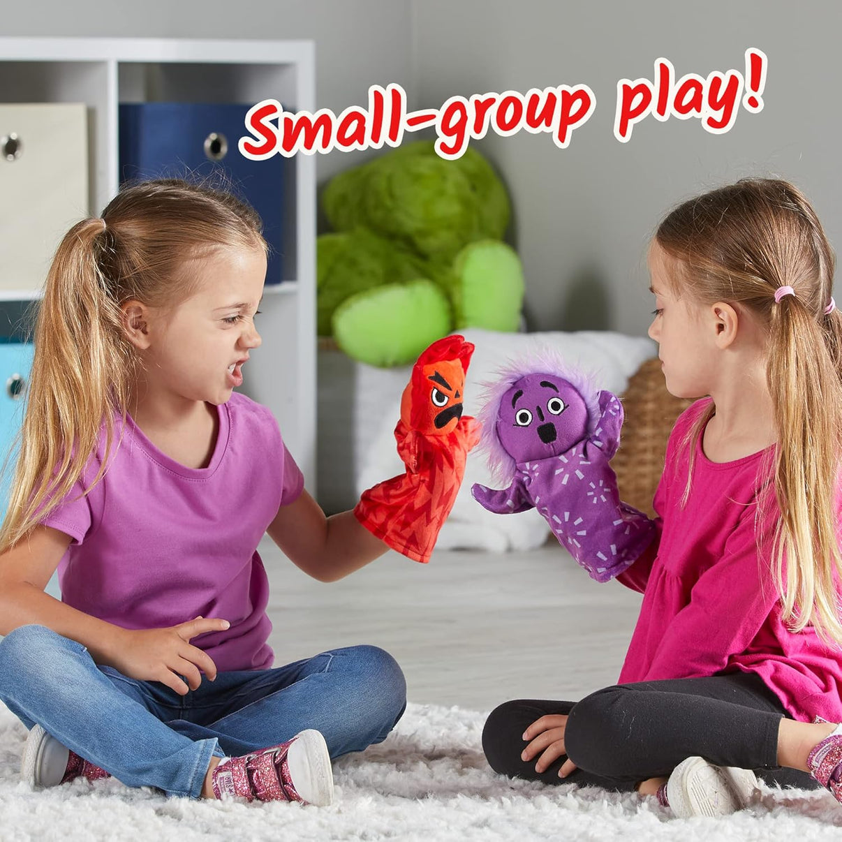 Assorted felt emotion hand puppets: purple, red, and yellow characters.