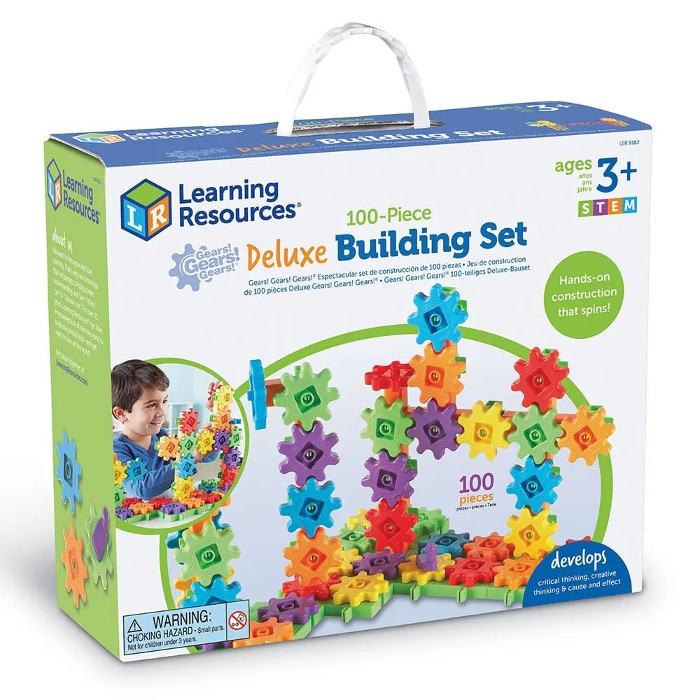 Deluxe building set box with colorful gear pieces, 100-piece Learning Resources STEM set