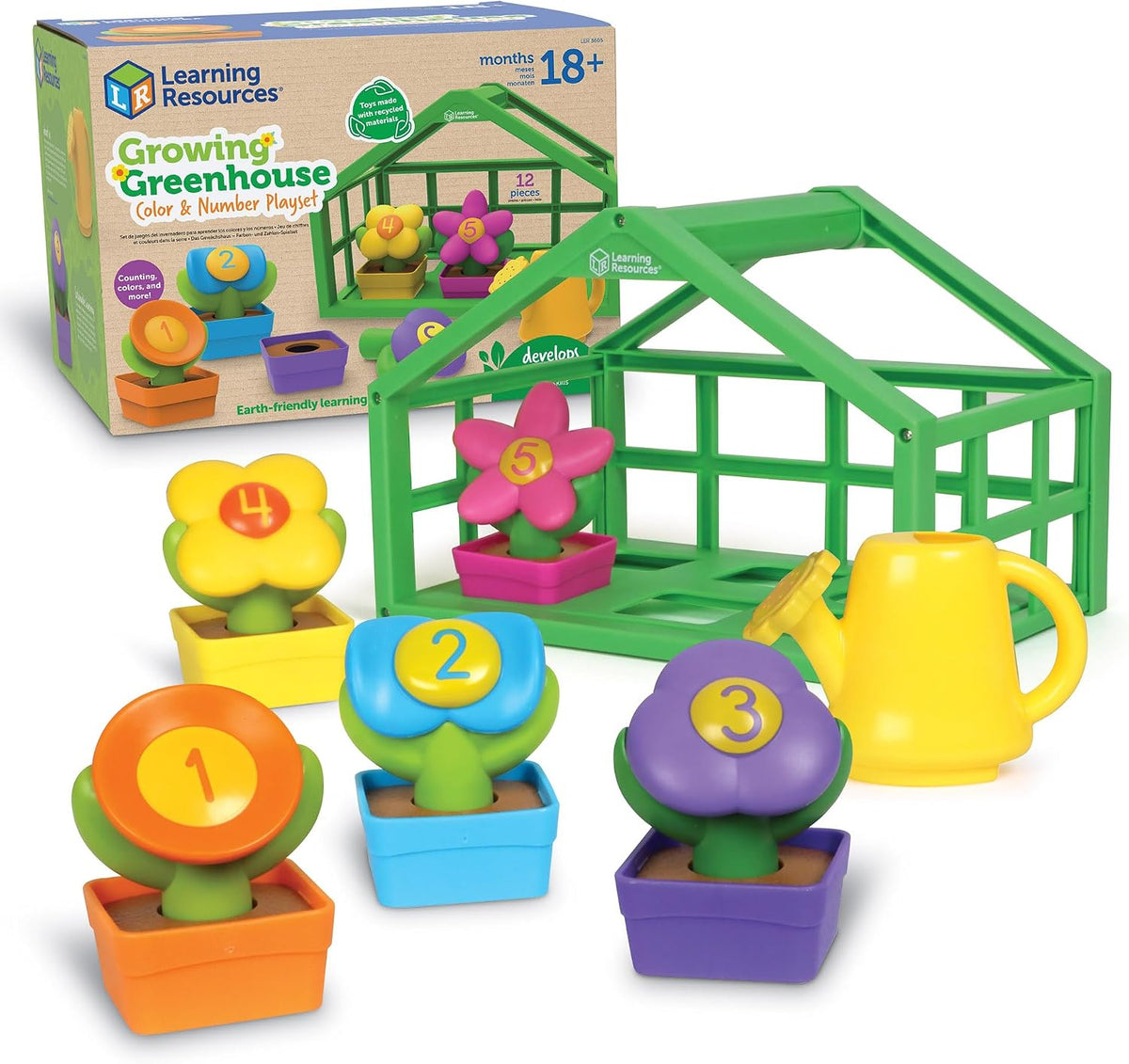 Assembled greenhouse playset with numbered flower pots and yellow watering can, plus box
