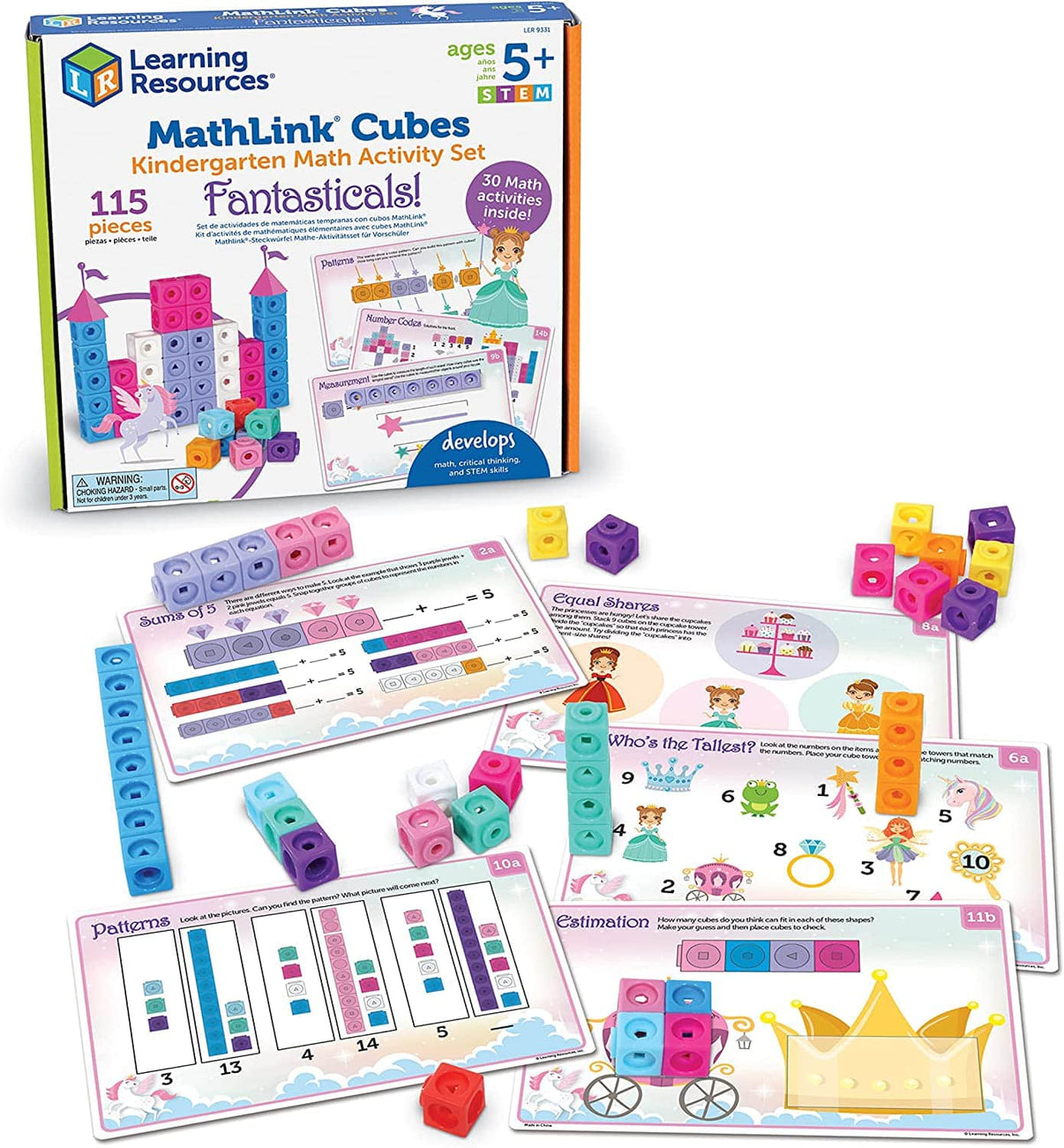 MathLink Cubes kindergarten math activity set packaging with colorful cube pieces and worksheets