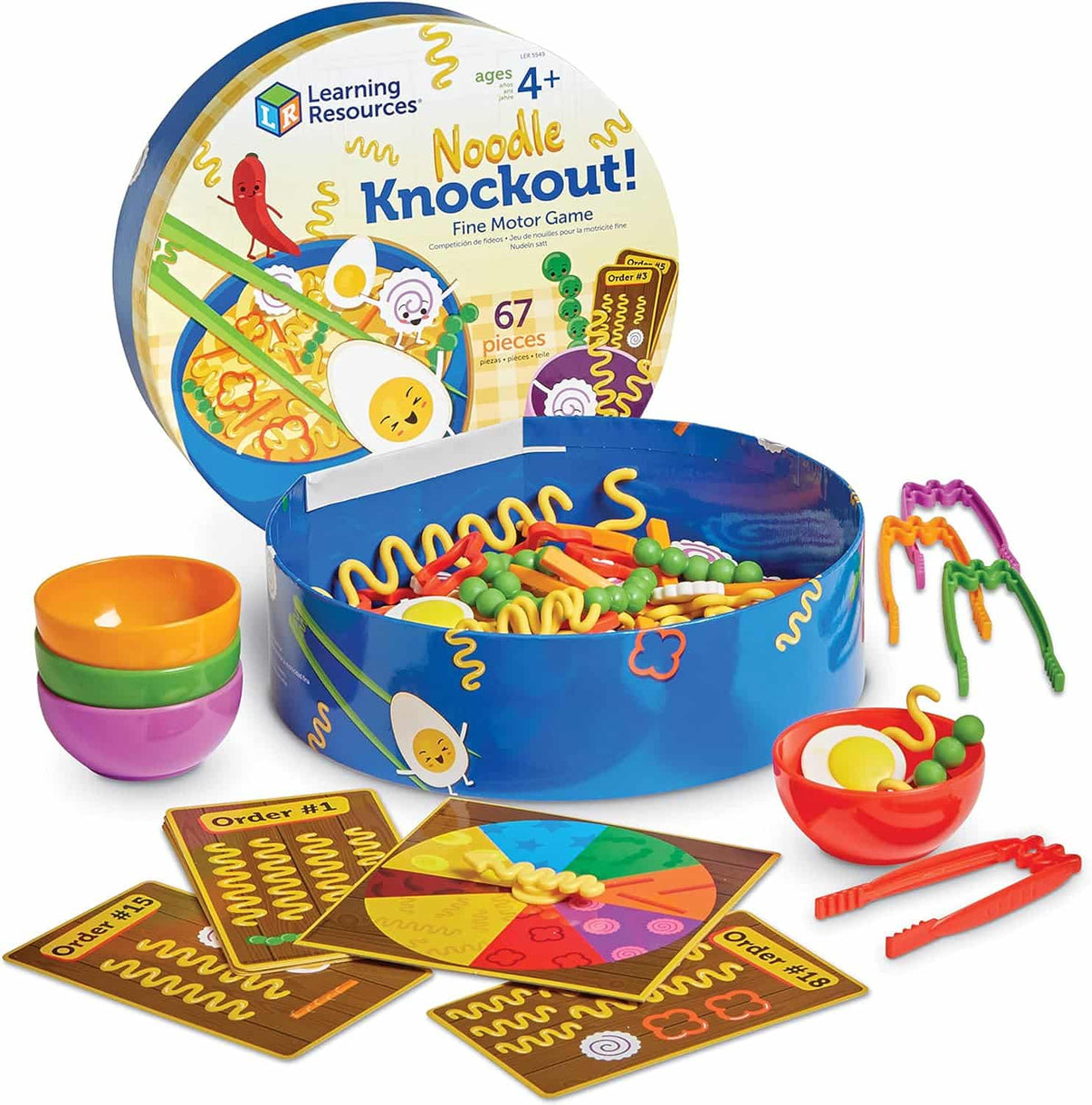 Noodle Knockout fine motor game set with blue bowl and colorful noodle pieces