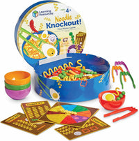 Noodle Knockout fine motor game set with blue bowl and colorful noodle pieces