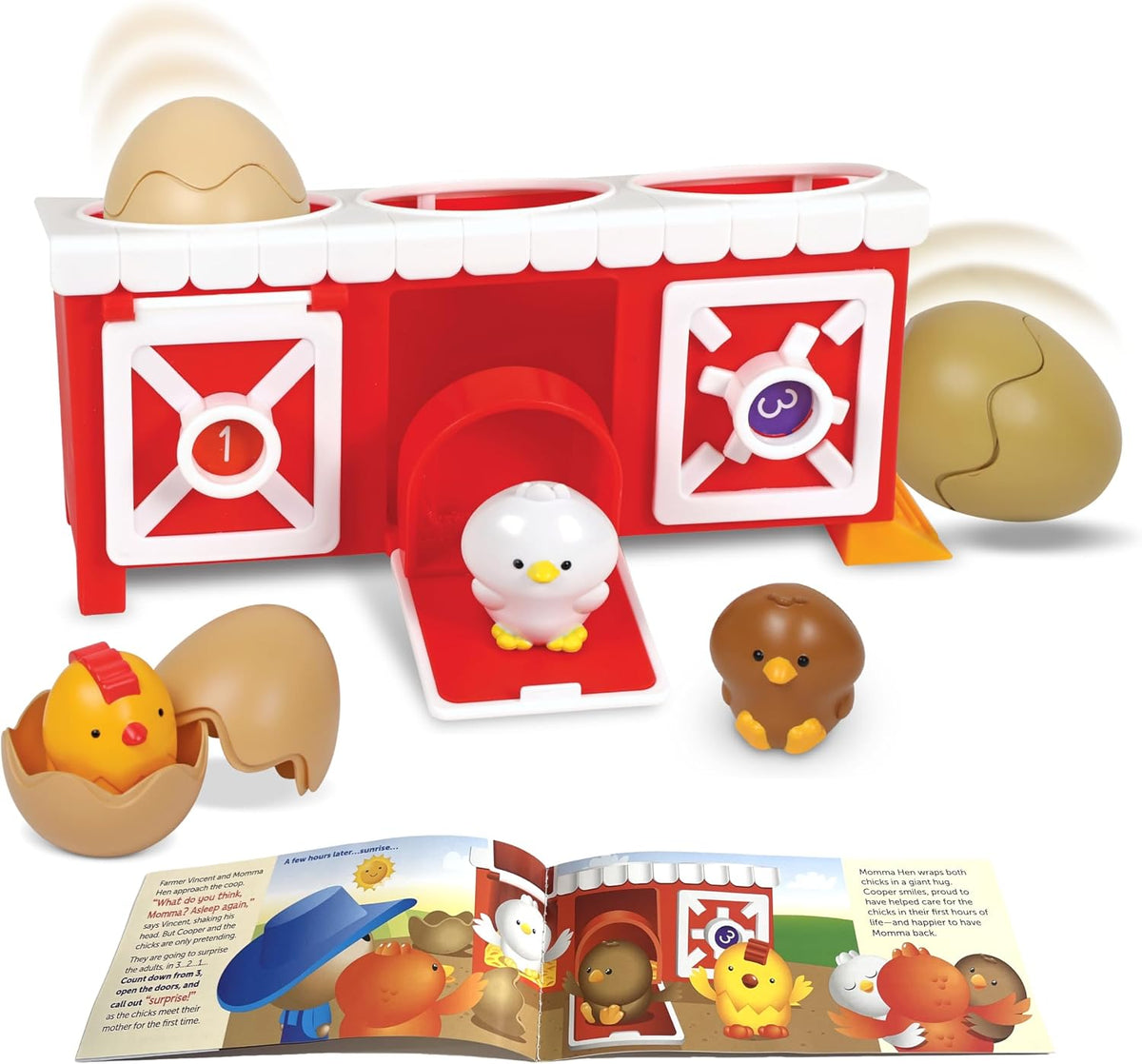 Red and white chicken coop toy with white chick, eggs, and two brown chicks