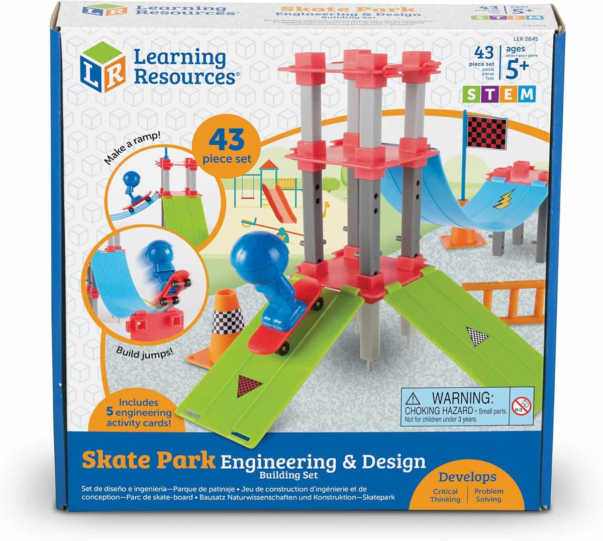 Skate park building set box with red posts, green ramps, and blue track pieces