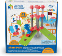 Skate park building set box with red posts, green ramps, and blue track pieces