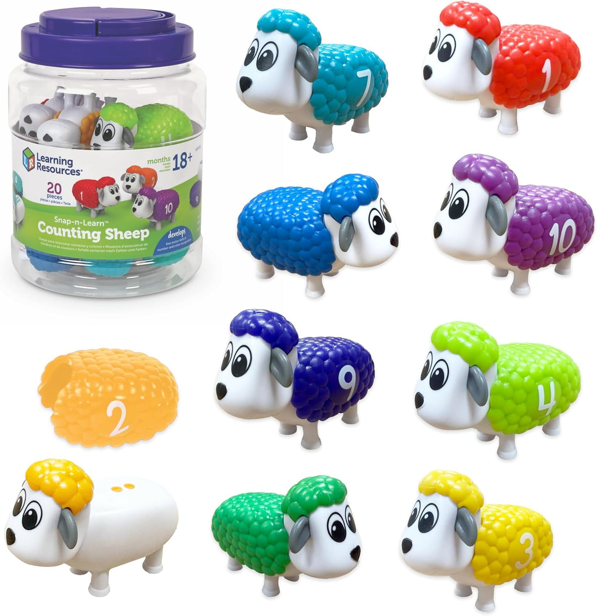 Assorted set of numbered counting sheep toys in varied colors and textures