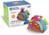 Hedgehog fine-motor fidget toy in packaging with orange and blue body