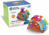 Multicoloured fine motor hedgehog fidget toy with purple spinner on top