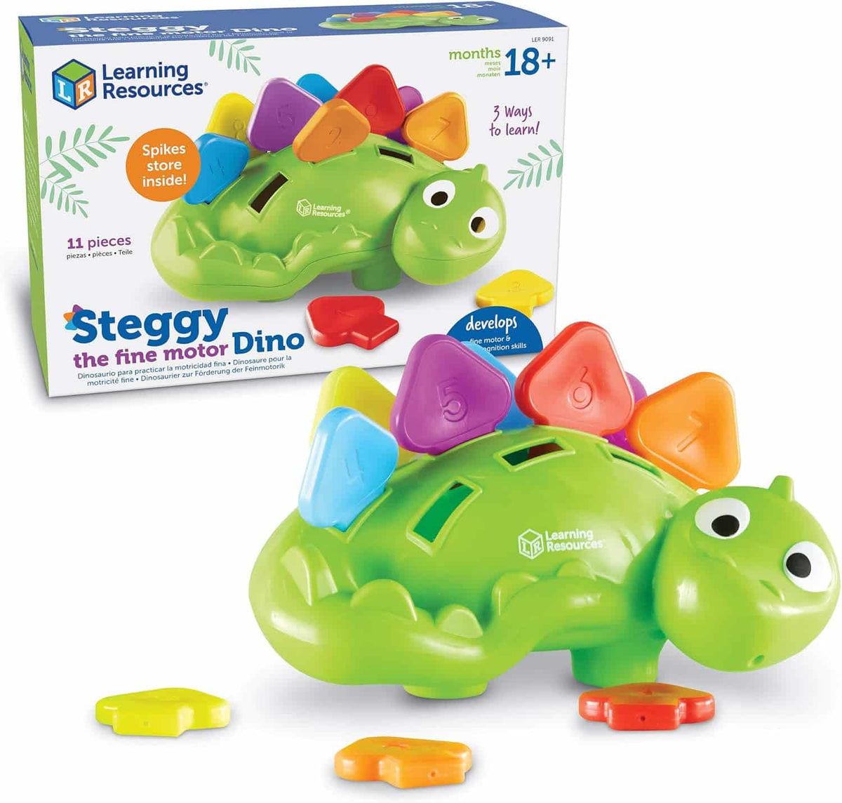 Learning Resources fine motor dino toy in retail box, green dino with colorful spikes