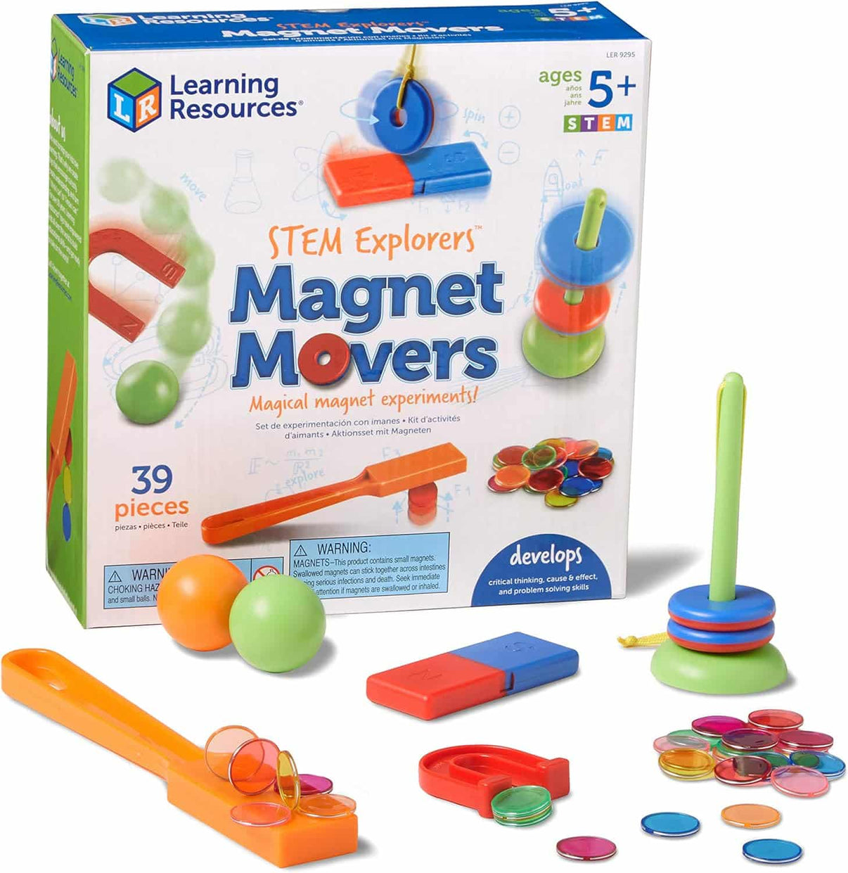Magnet movers learning kit in box with 39 colored magnets and track pieces