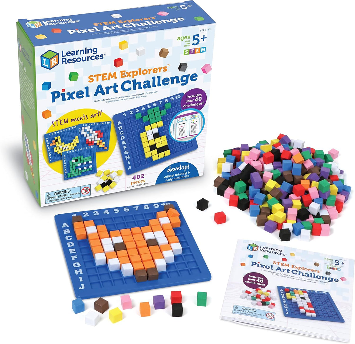 Learning Resources STEM Pixel Art Challenge set with box, blue board, and craft cubes