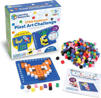 Learning Resources STEM Pixel Art Challenge set with box, blue board, and craft cubes