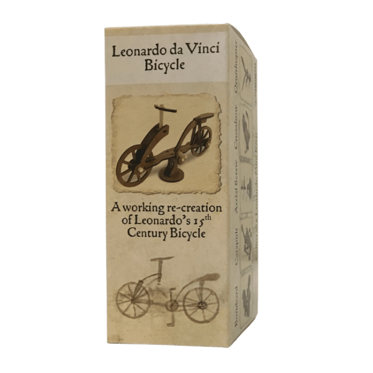 Leonardo da Vinci bicycle DIY kit box with illustrated bicycle and text panel