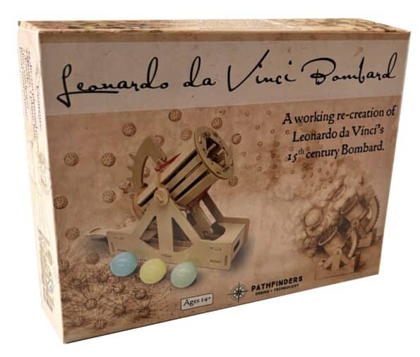 Cardboard product box featuring illustrated wooden bombard launcher and included parts