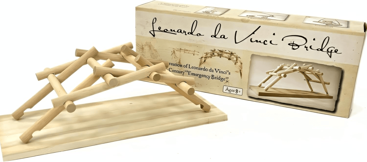 Wooden bridge model on base with loose dowel parts and product box