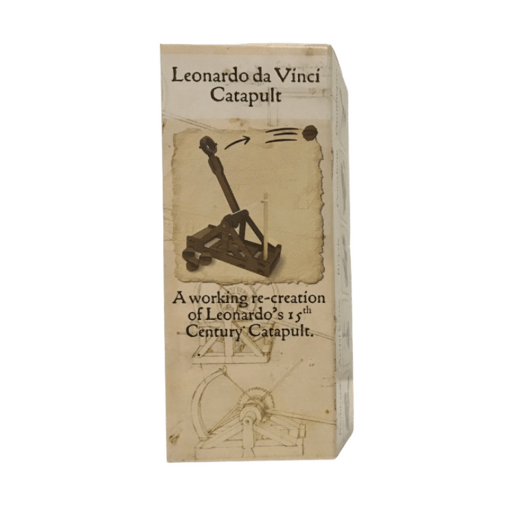Leonardo da Vinci catapult miniature in box with blueprint-style artwork