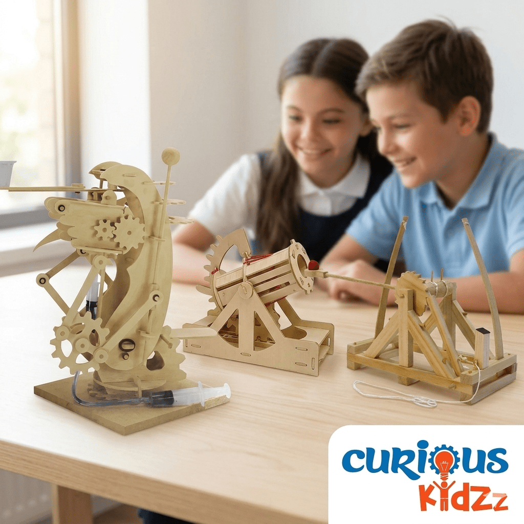 Wooden mechanical gearbot model kit on a base with visible gears and levers