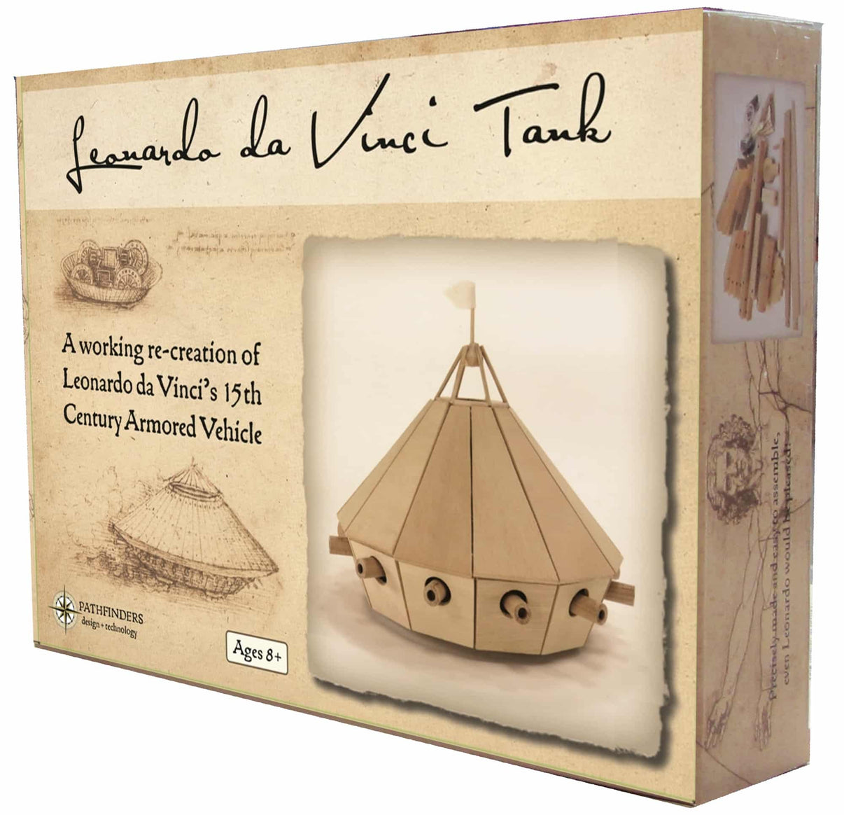 Wooden model kit box for Leonardo da Vinci Tank, with built vehicle illustration