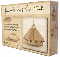 Wooden model kit box for Leonardo da Vinci Tank, with built vehicle illustration