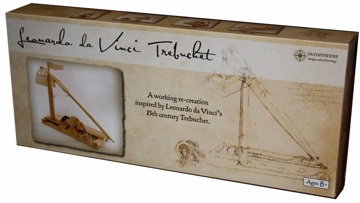 Leonardo da Vinci trebuchet kit box with Ages 8+ label and model illustration