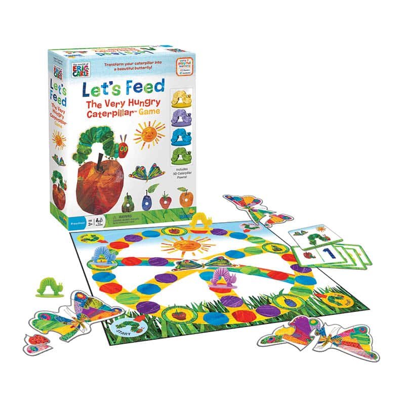 Caterpillar feeding board game set with box, colorful playmat, and character cards