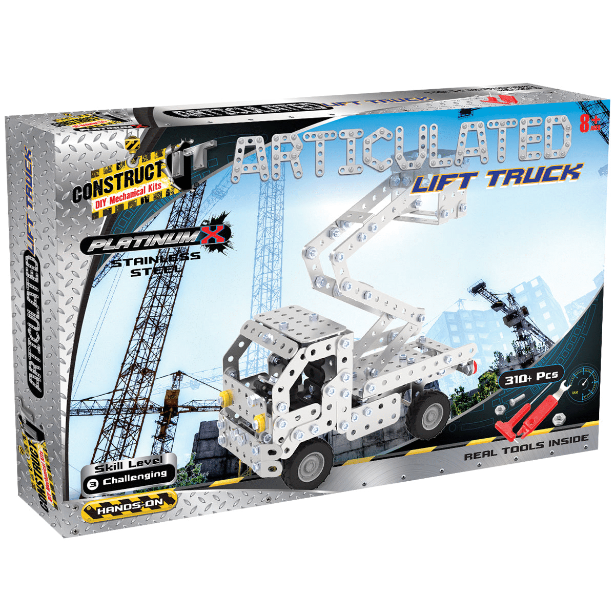 Construction building set box for a lift truck, 310-piece metal model kit