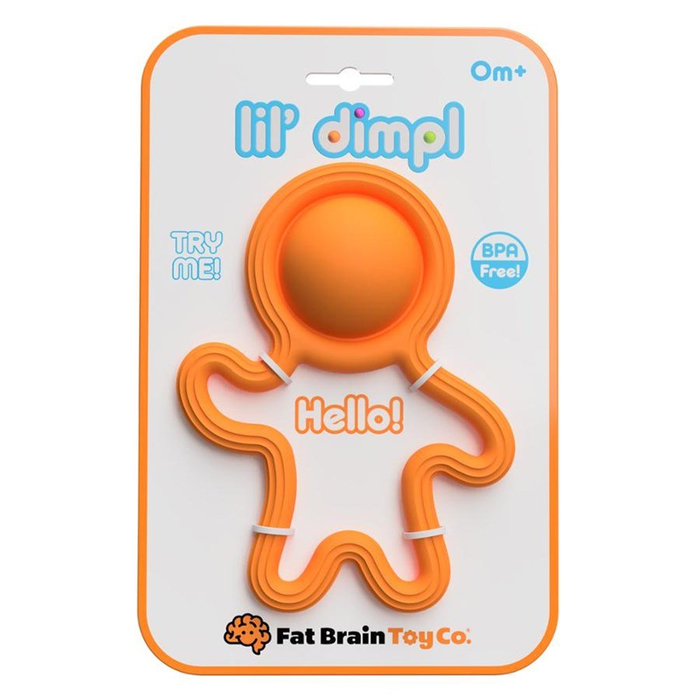 Lil Dimpl Orange baby teether in retail blister pack, 0m+, BPA Free
