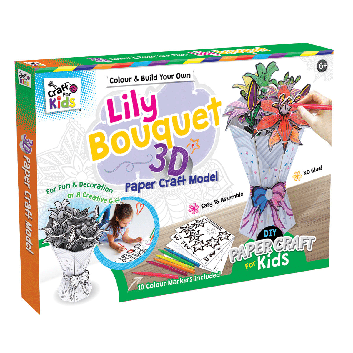 Kids 3D papercraft kit box with lily bouquet flower design and markers included
