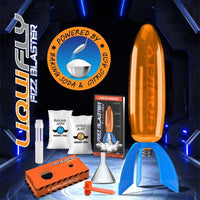 Rocket kit display with orange capsule, blue fins, and white launch cone