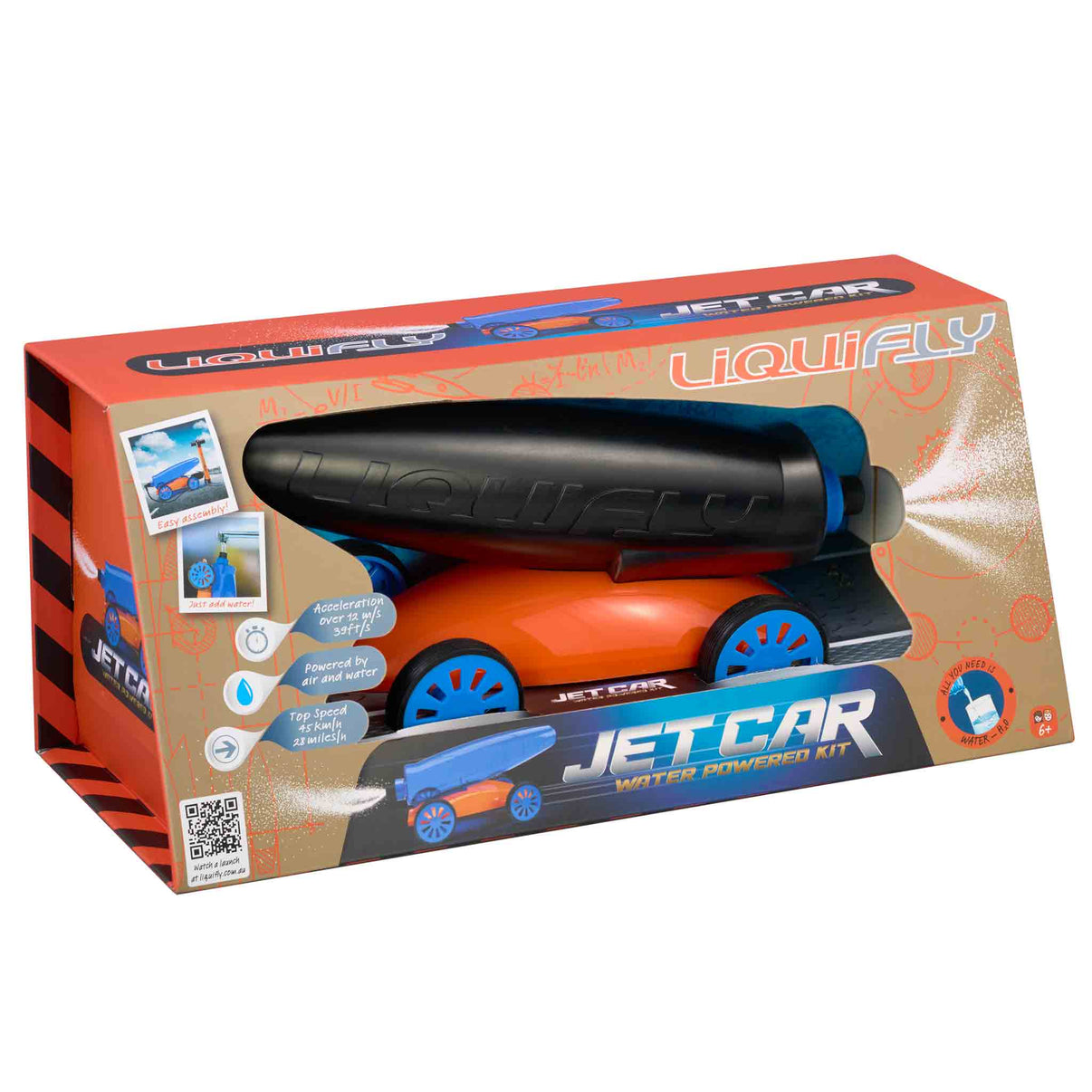 Toy water-powered rocket car set in retail box, orange and black car inside