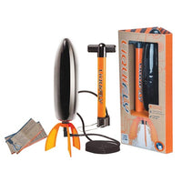 Water-powered bottle rocket toy kit with black rocket, orange pump, and base