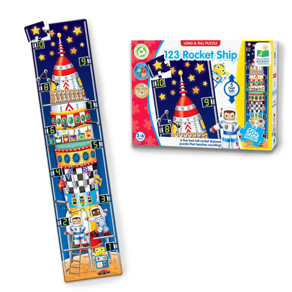 Rocketship number jigsaw puzzle, tall blue board with red rocket and stars