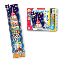 Rocketship number jigsaw puzzle, tall blue board with red rocket and stars