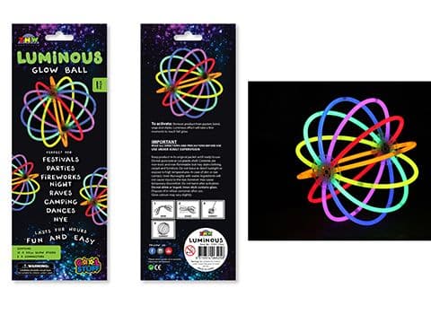Luminous Glow Ball glowsticks in colorful ring bundle, shown in retail box