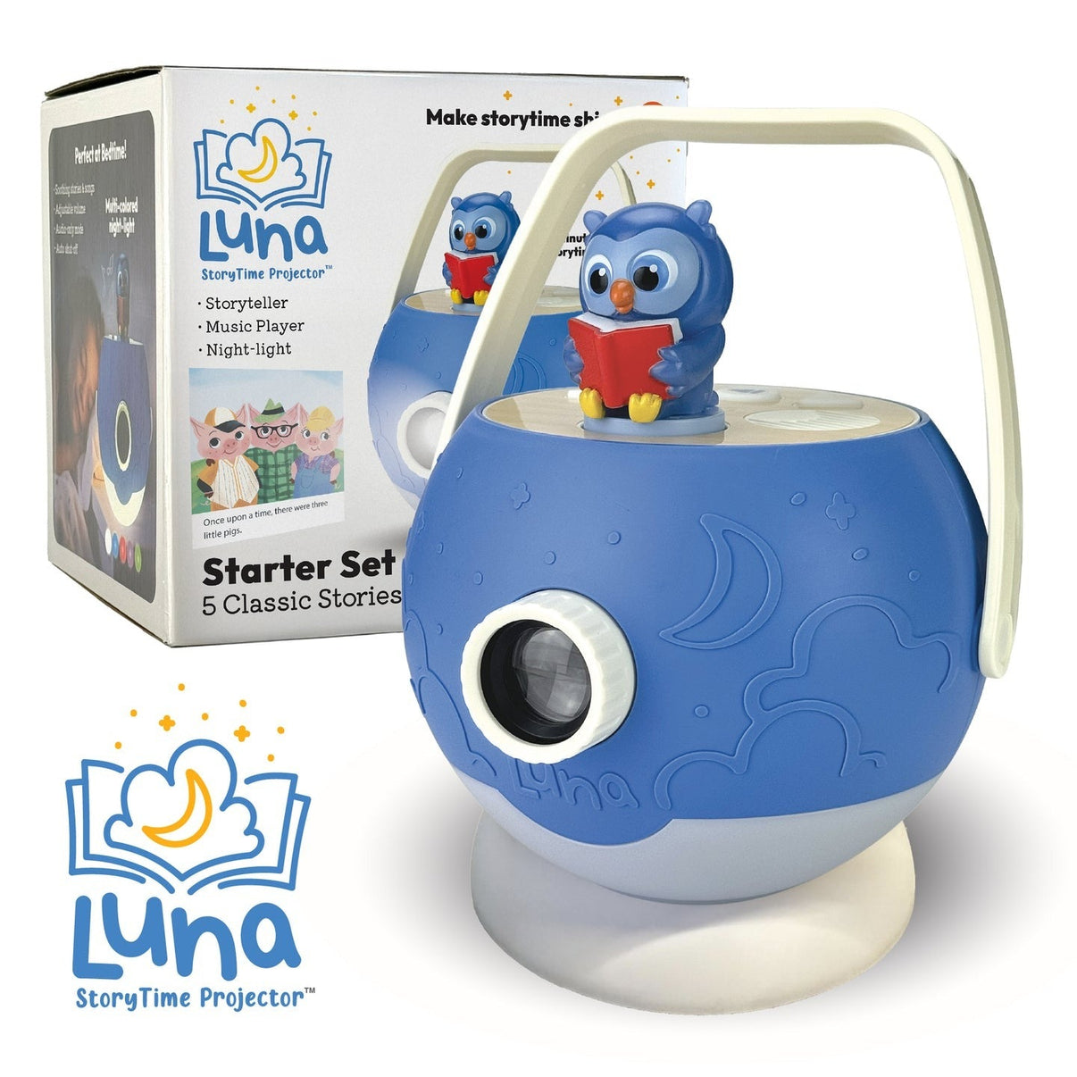 Blue storytime projector with owl figurine, front lens, and starter set box