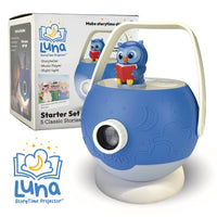 Blue storytime projector with owl figurine, front lens, and starter set box